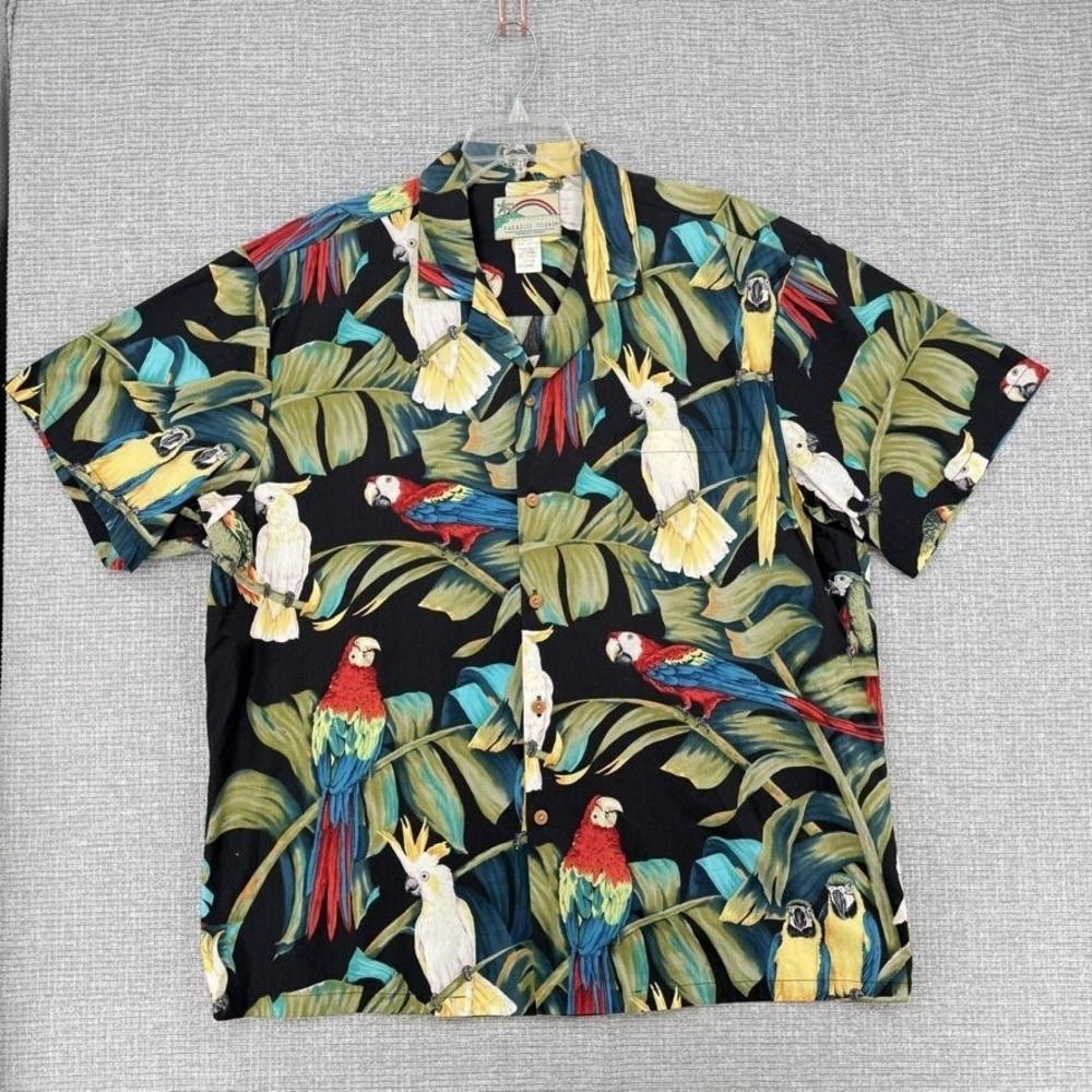 Paradise Found Shirt Mens XL Black Parrot Tropical Cotton Button Up Short Sleeve